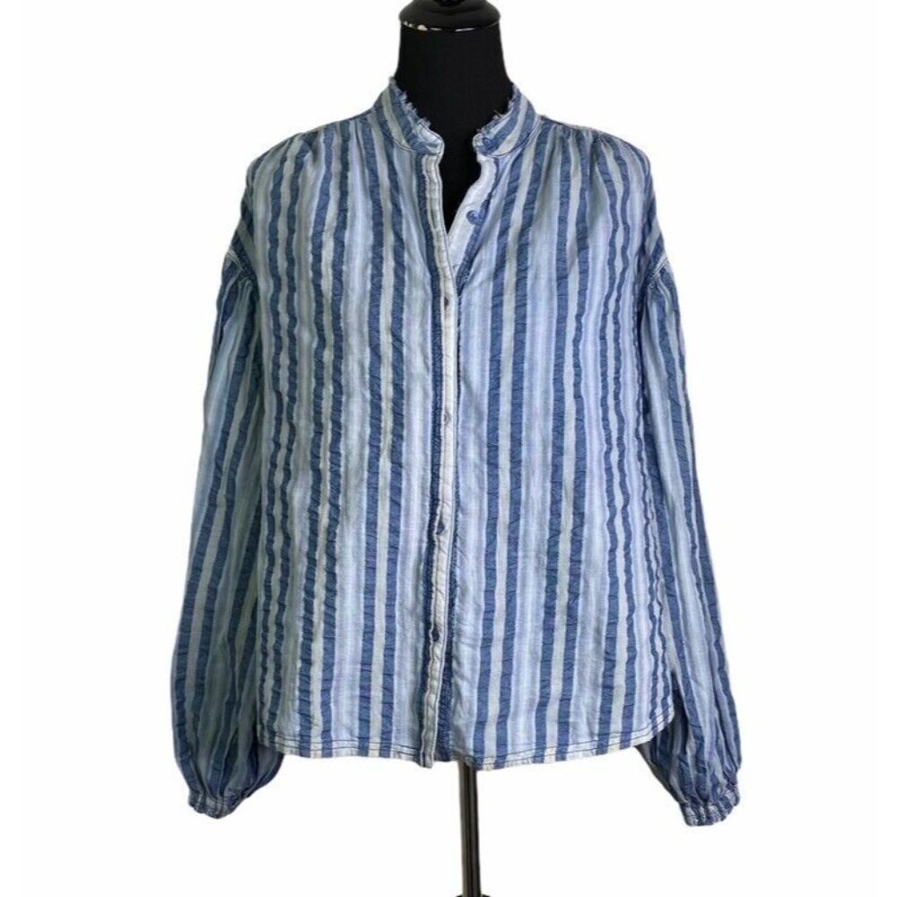 We The Free Womens Button Front Shirt Blue White Striped Long Sleeve XS New‎